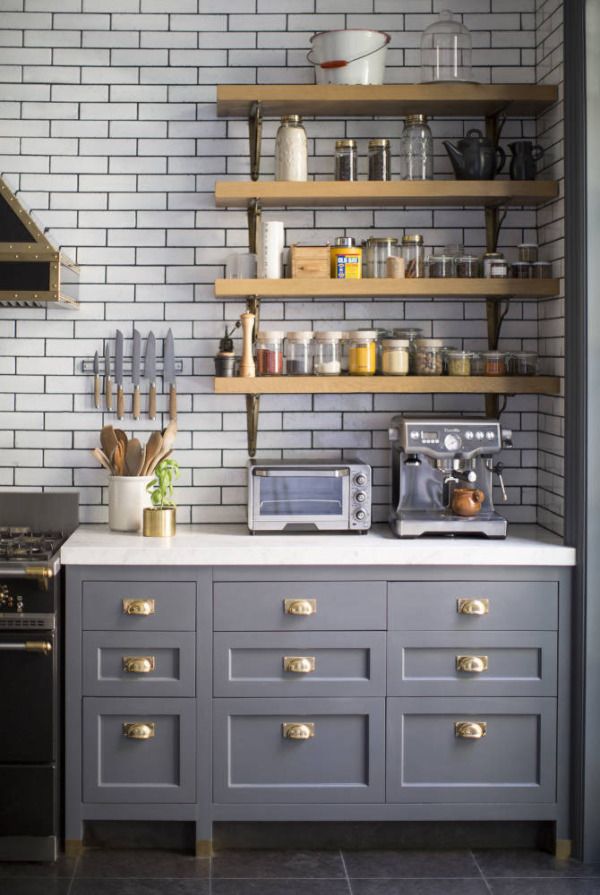 Grey Kitchen Cabinets Wood Shelves